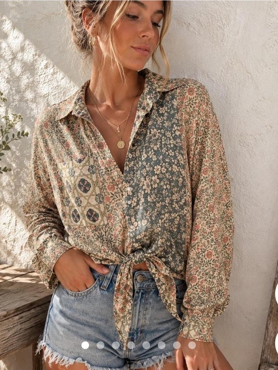 NATURAL LIFE Tops - NATURAL LIFE Lola Front Tie Patchwork Button-down Shirt blouse Bohemian Sage